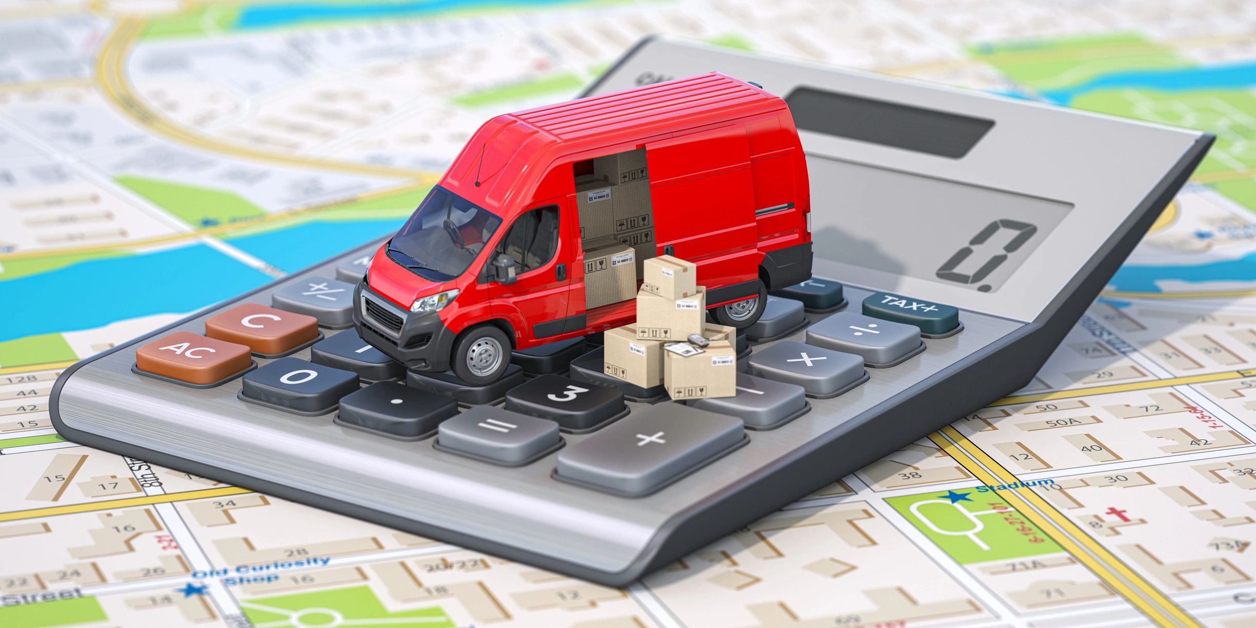A red delivery van and packages on a calculator over a map.