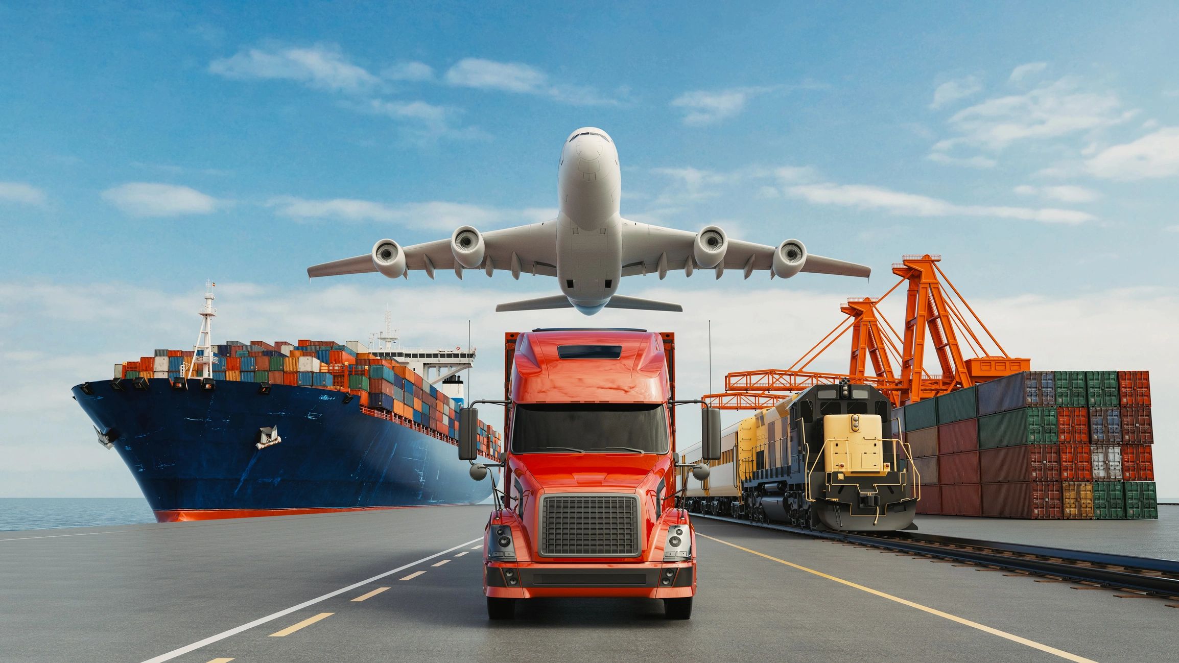 Transport modes: ship, plane, truck, train.