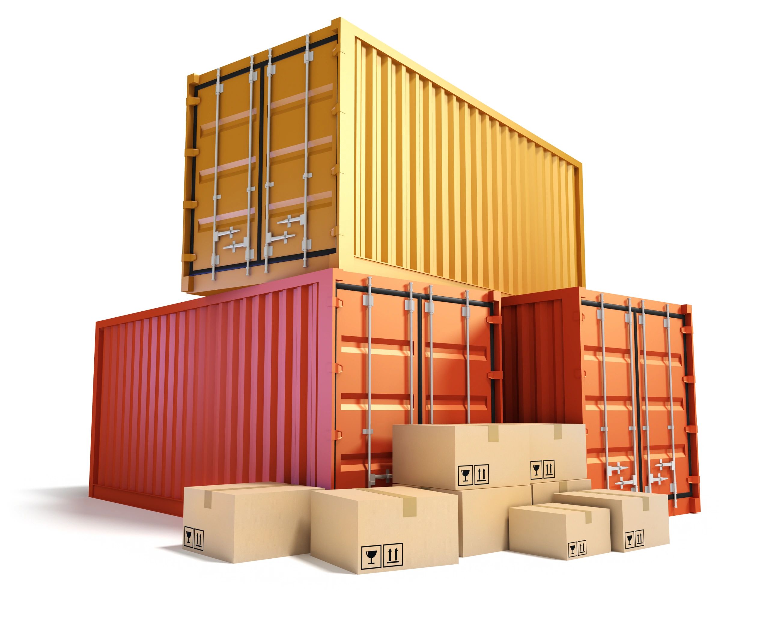 Stacked shipping containers with cardboard boxes in front.